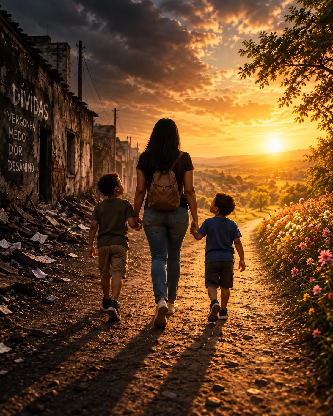 Mãe e dois filhos deixando para trás uma casa em ruínas com as palavras dívidas, vergonha, medo, dor e desânimo, caminhando em direção ao sol e a um campo florido