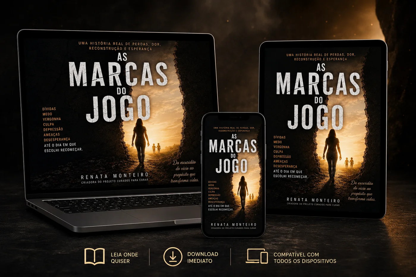 Mockup do livro As Marcas do Jogo em laptop, tablet e smartphone