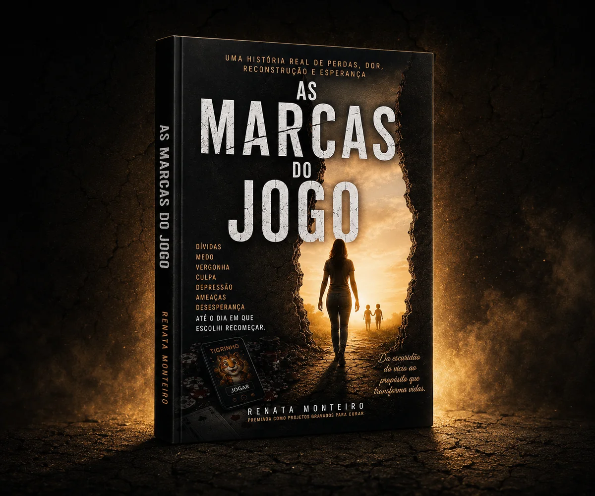 Capa do livro As Marcas do Jogo, com uma mulher caminhando em direção à luz