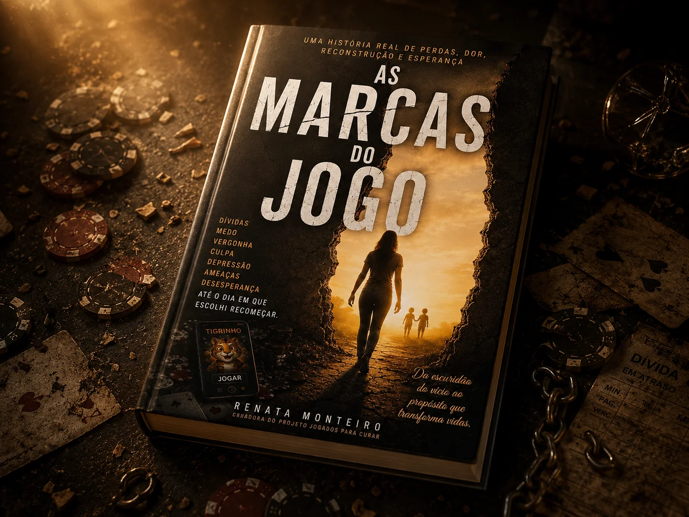 Mulher em desespero olhando para celular com jogo de apostas do tigre em um ambiente escuro