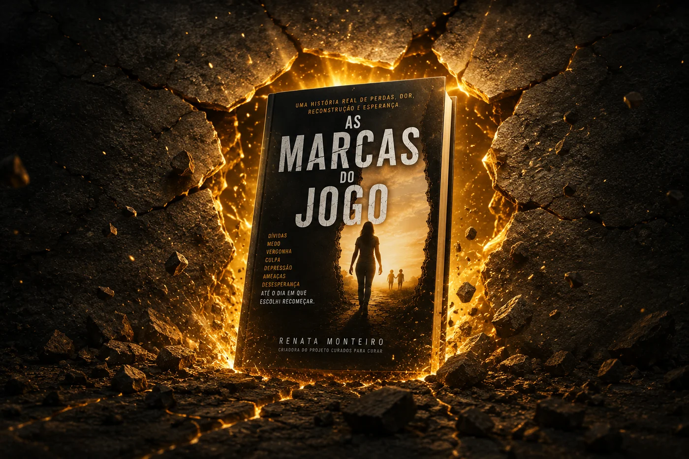Capa do livro As Marcas do Jogo em destaque, com luz dourada atravessando uma parede rachada